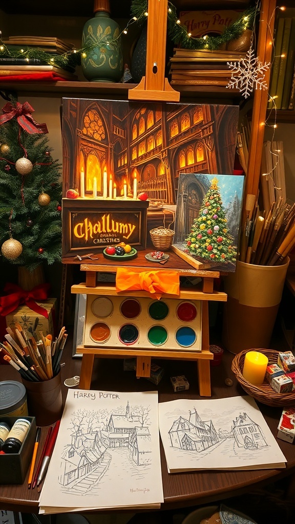 An art studio with Harry Potter Christmas paintings, featuring the Great Hall and Hogsmeade village.